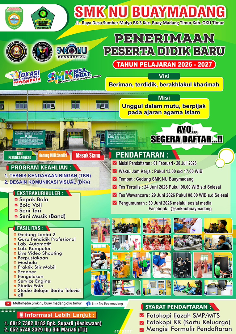 Sistem Penerimaan Murid Baru SMK NU Buaymadang Tahun Pelajaran 2026/2027 Resmi Dibuka